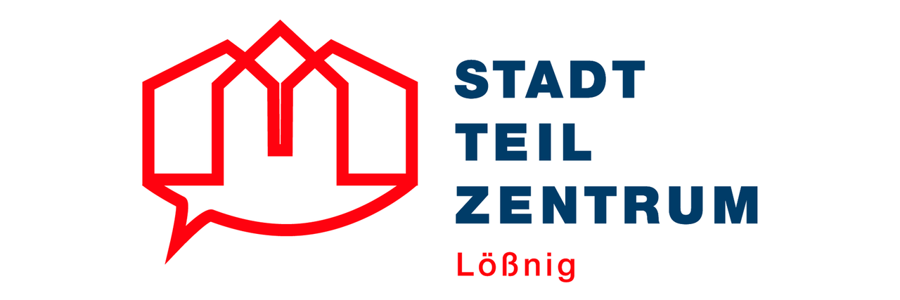 Logo Stadtteilzentum: Silhouette von Häusern, die in einer Sprechblase münden